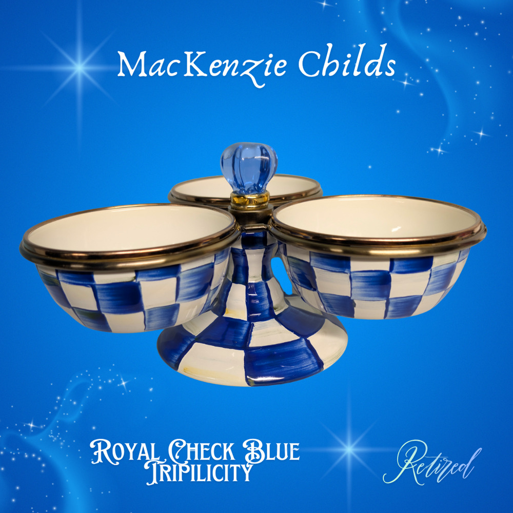 MacKenzie-Childs Blue Royal Check Enamel Triplicity 3 Pinch Bowls Stand Retired